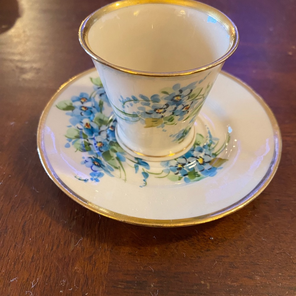 Vintage Tea Cup & Sauver with Hand Painted Blue Forget Me Nots & Gold Trim
